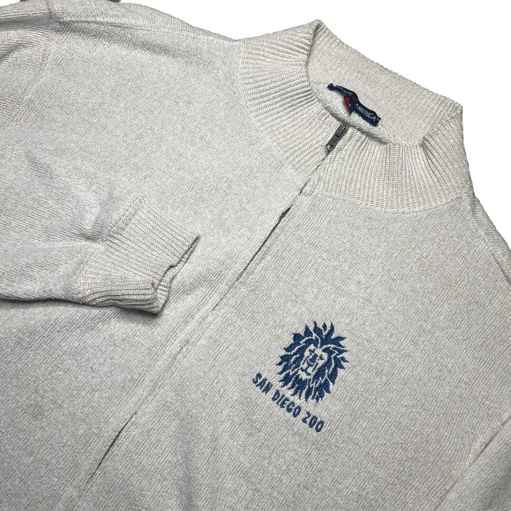 Vintage 80s San Diego Zoo Sweater Sz XL Beige Full Zip Cardigan Lion Embroidery